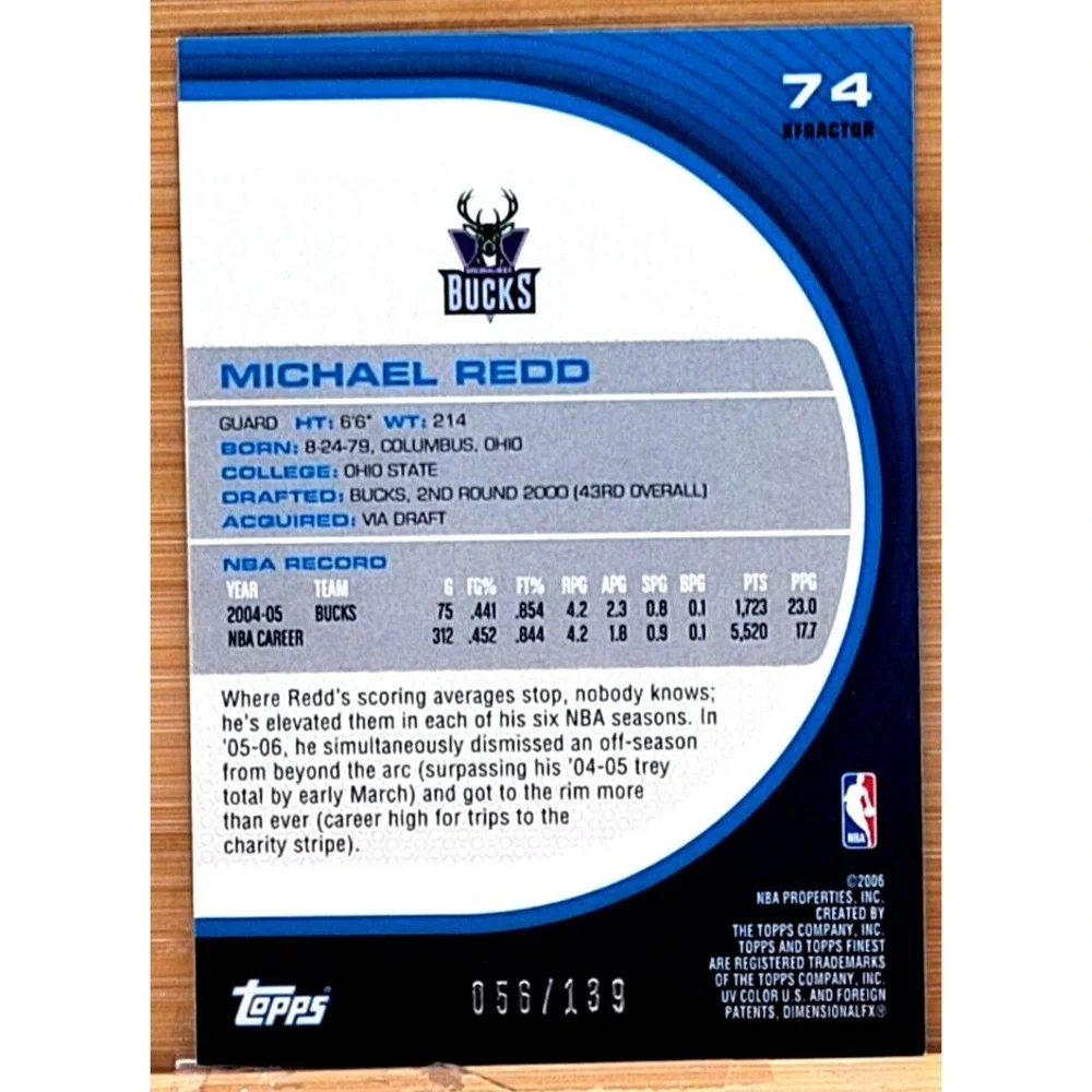 2005-06 TOPPS FINEST MICHAEL REDD RED XFRACTOR‎ #D/139 BUCKS